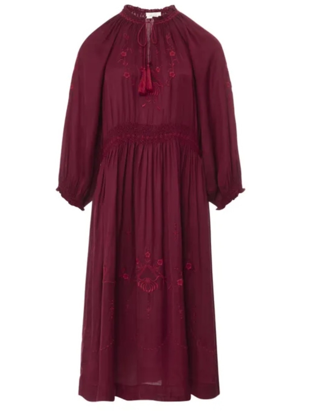 THE GREAT. Burgundy Midi Dress with Embroidery